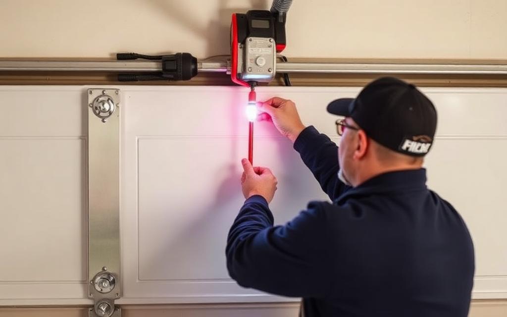 Garage door limit switch adjustment being performed by professional technician