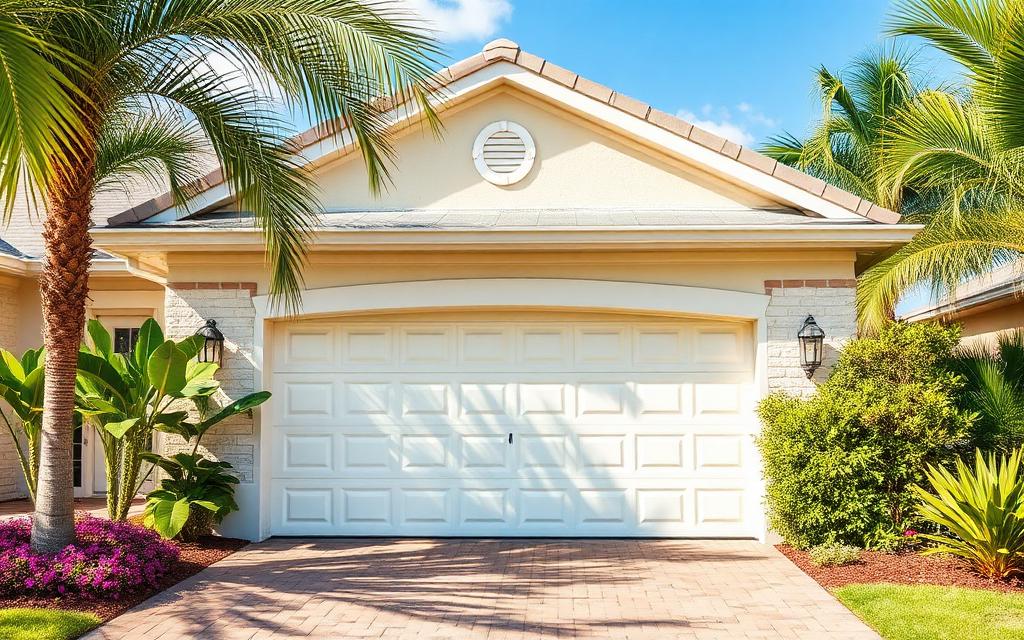 Well-maintained garage door on Florida home during sunny summer day