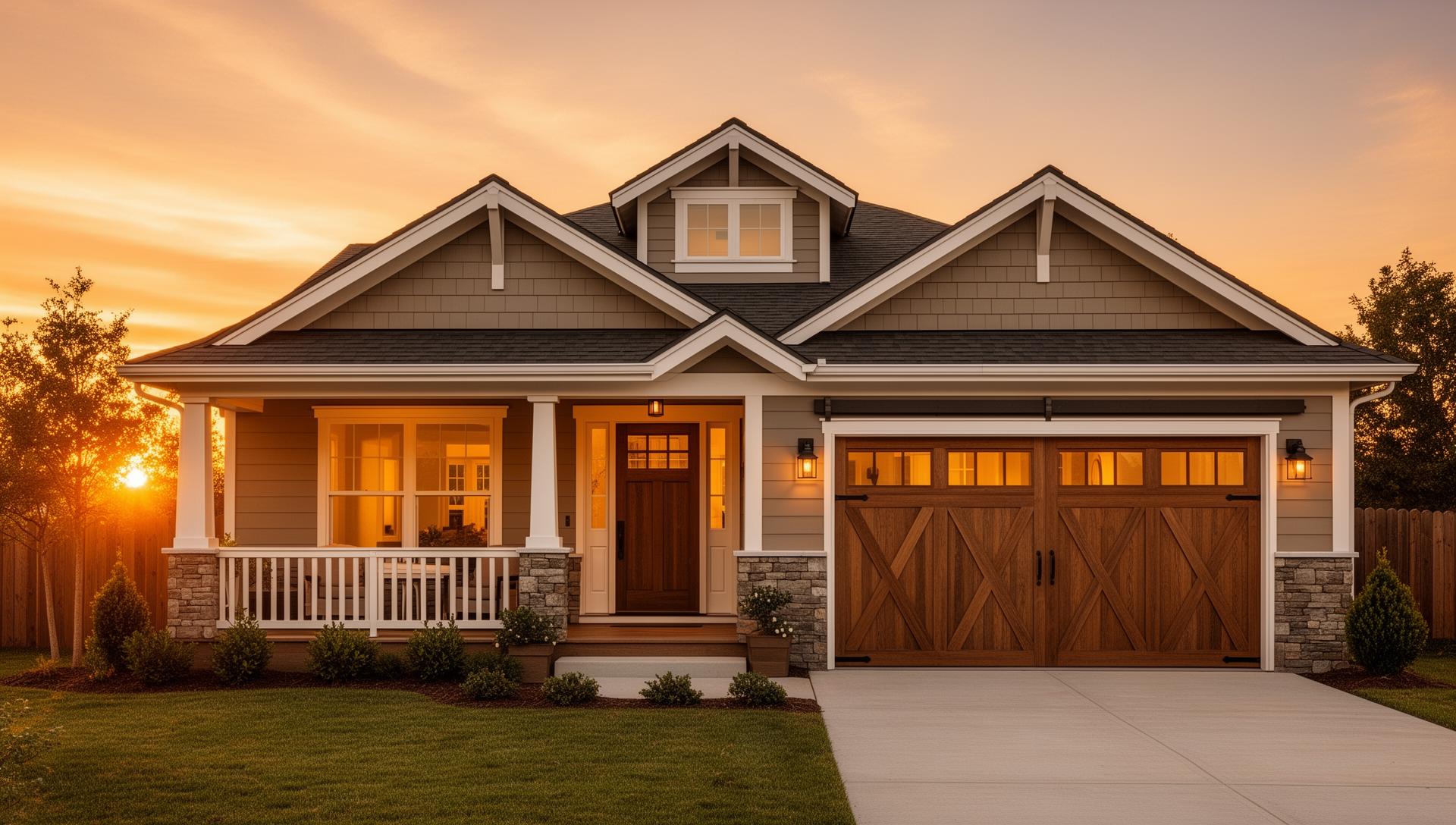 Beautiful craftsman bungalow with farmhouse barn-style sliding garage doors featuring X-pattern design at golden hour sunset